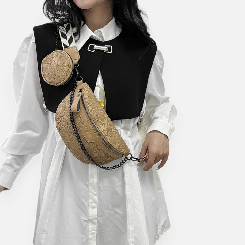 Sac banane en simili cuir à motif floral avec bandoulière et porte-monnaie